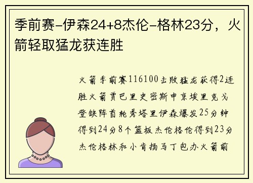 季前赛-伊森24+8杰伦-格林23分，火箭轻取猛龙获连胜